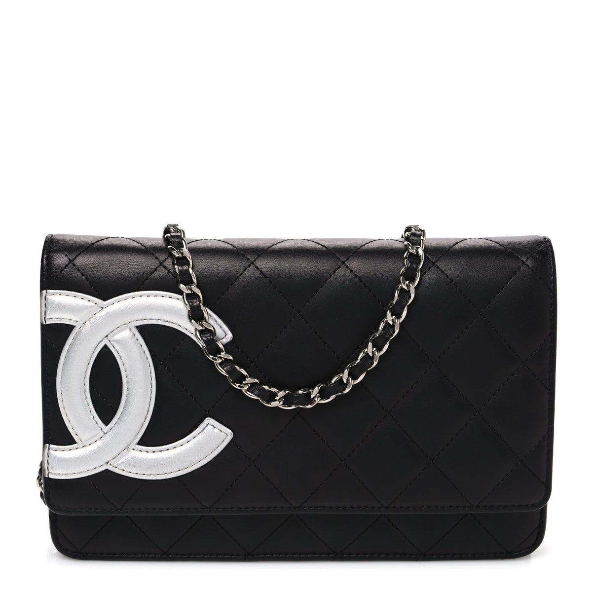 Calfskin Quilted Cambon Wallet on Chain WOC Black Silver