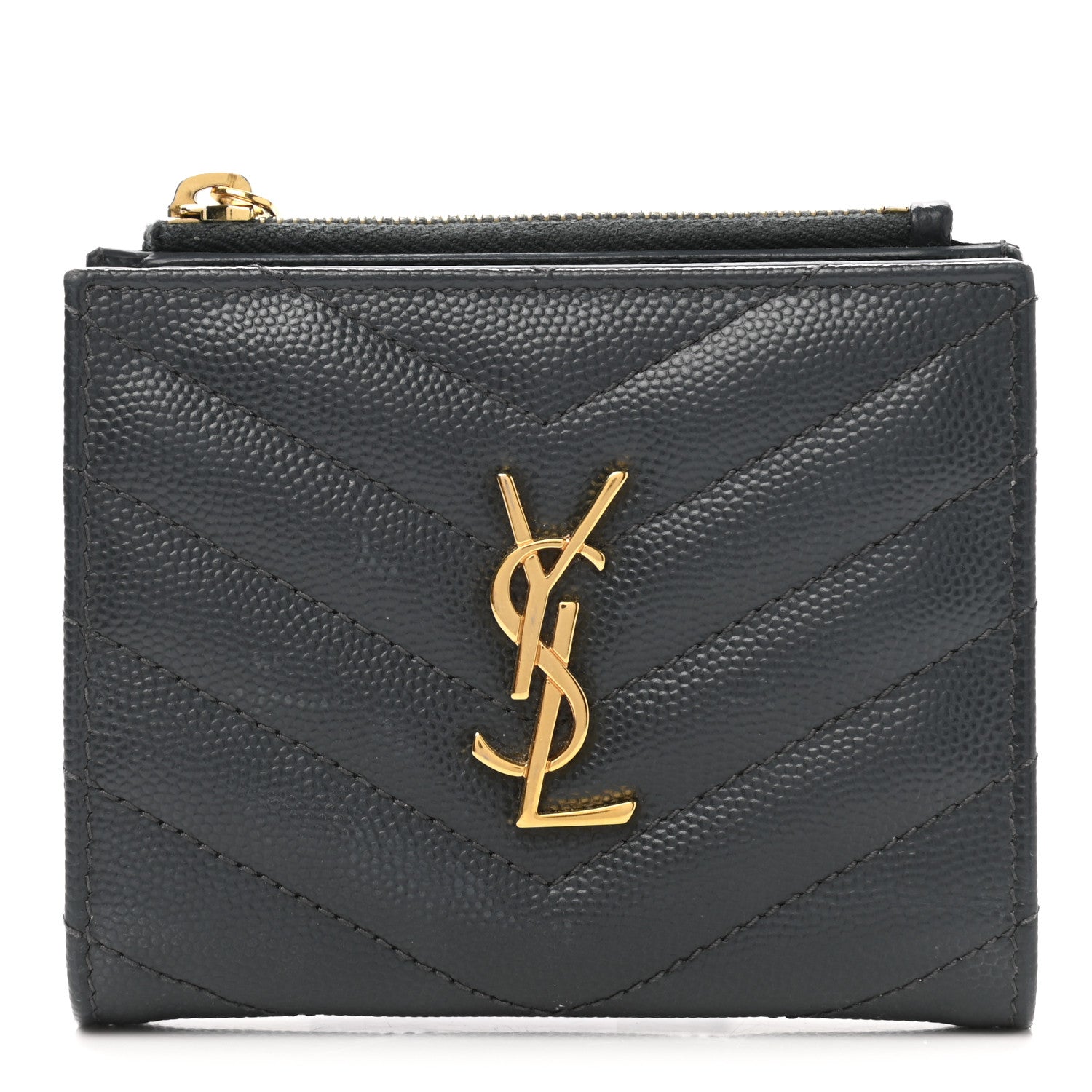 Saint Laurent Grain De Poudre Matelasse Chevron Monogram Zipped Card Case Dark Smog 1 of 8