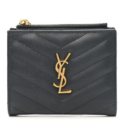 Saint Laurent Grain De Poudre Matelasse Chevron Monogram Zipped Card Case Dark Smog 1 of 8