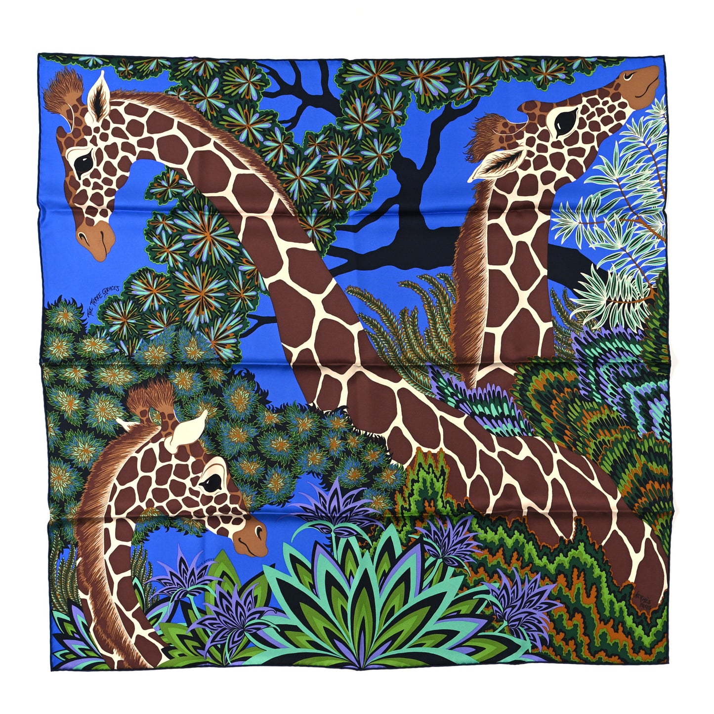 Silk The Three Graces Scarf 90 Bleu Vif Marron Vert