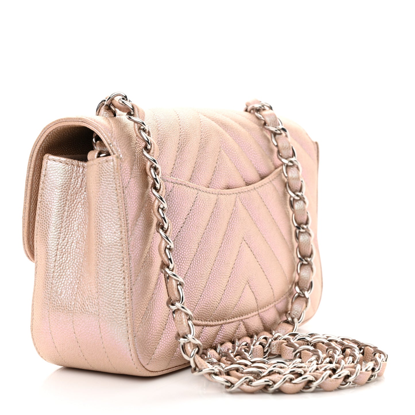 Iridescent Caviar Chevron Quilted Mini Rectangular Flap Light Gold