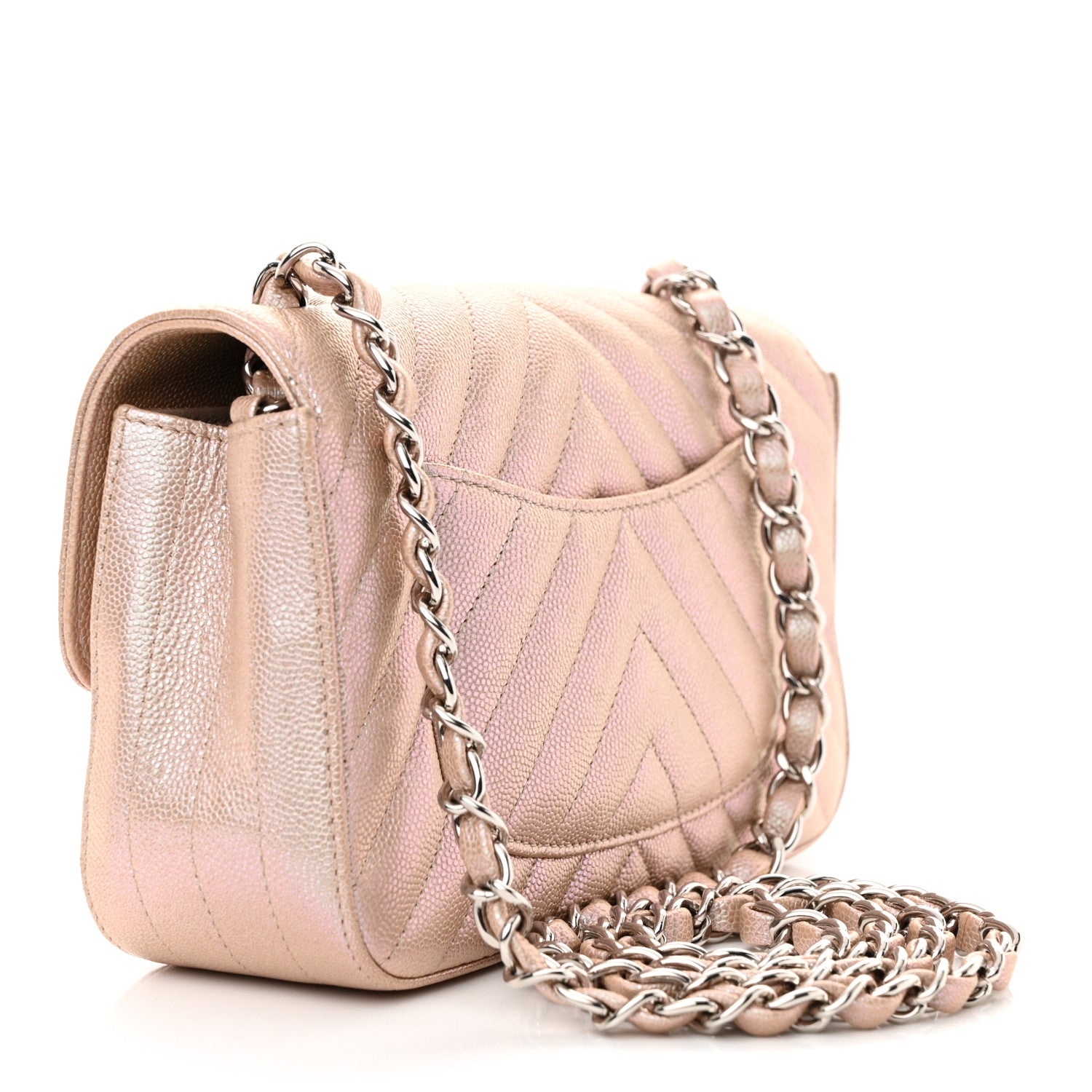 Chanel Iridescent Caviar Chevron Quilted Mini Rectangular Flap Light Gold 3 of 12