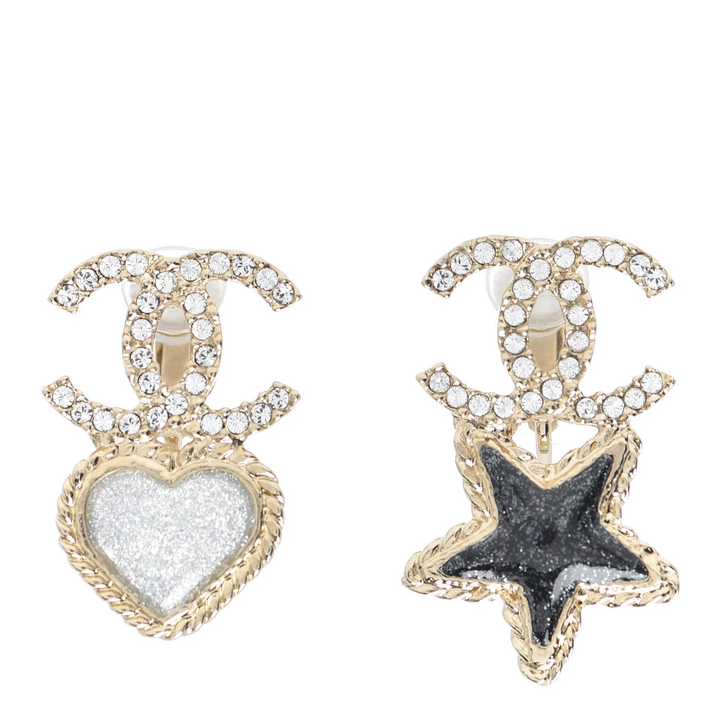 Crystal Enamel CC Star Heart Clip On Earrings Gold