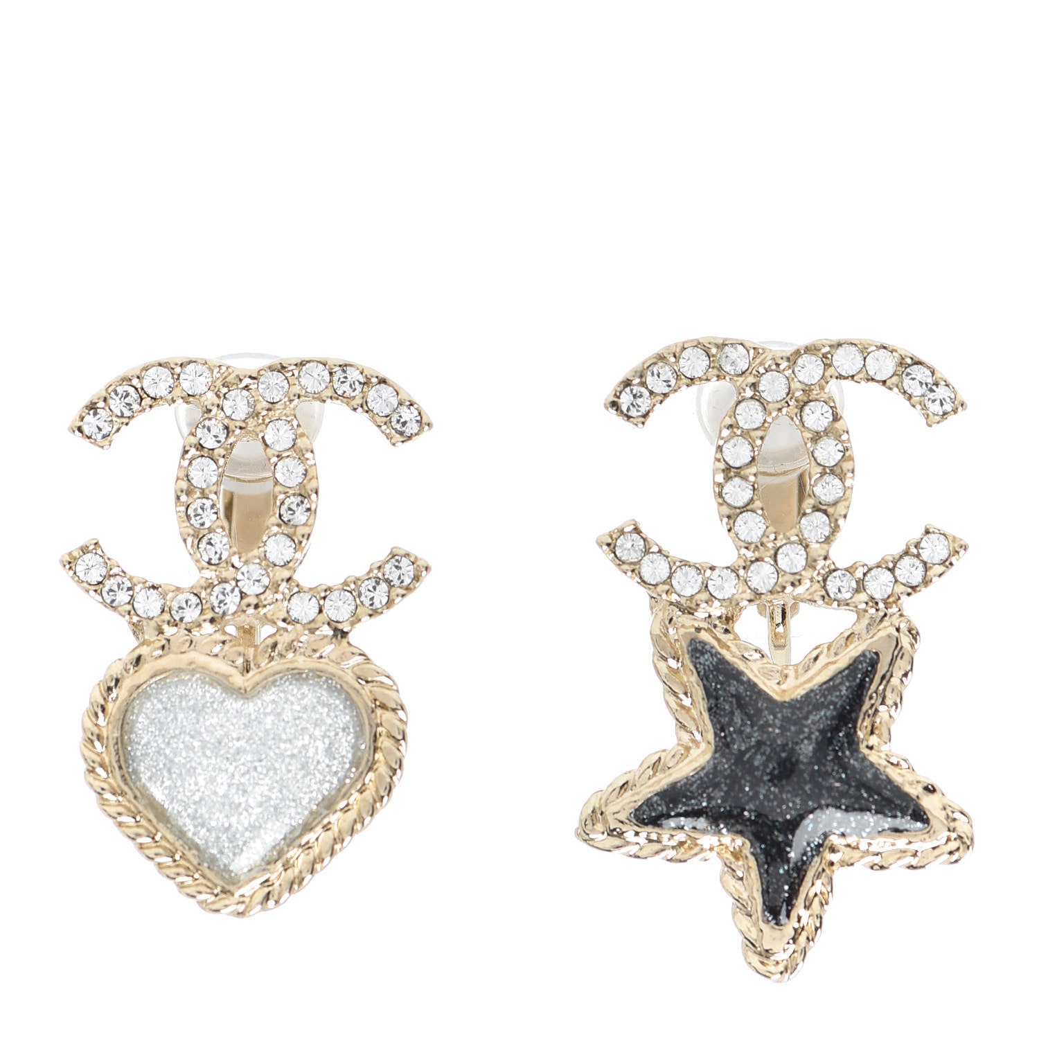 Chanel Crystal Enamel CC Star Heart Clip On Earrings Gold 1 of 4