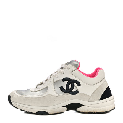 Chanel Calfskin Fabric Sneakers 37.5 White Silver Fluo Pink 1 of 18
