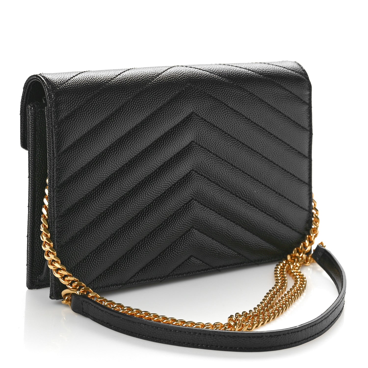 Saint Laurent Grain De Poudre Matelasse Chevron Monogram Envelope Chain Wallet Black 2 of 9