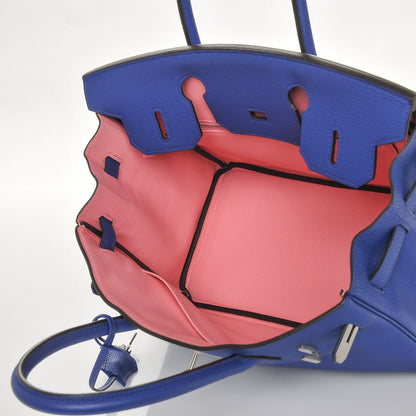 Hermes Togo Horseshoe Birkin 30 Bleu Electrique Rose Lipstick 23 of 29