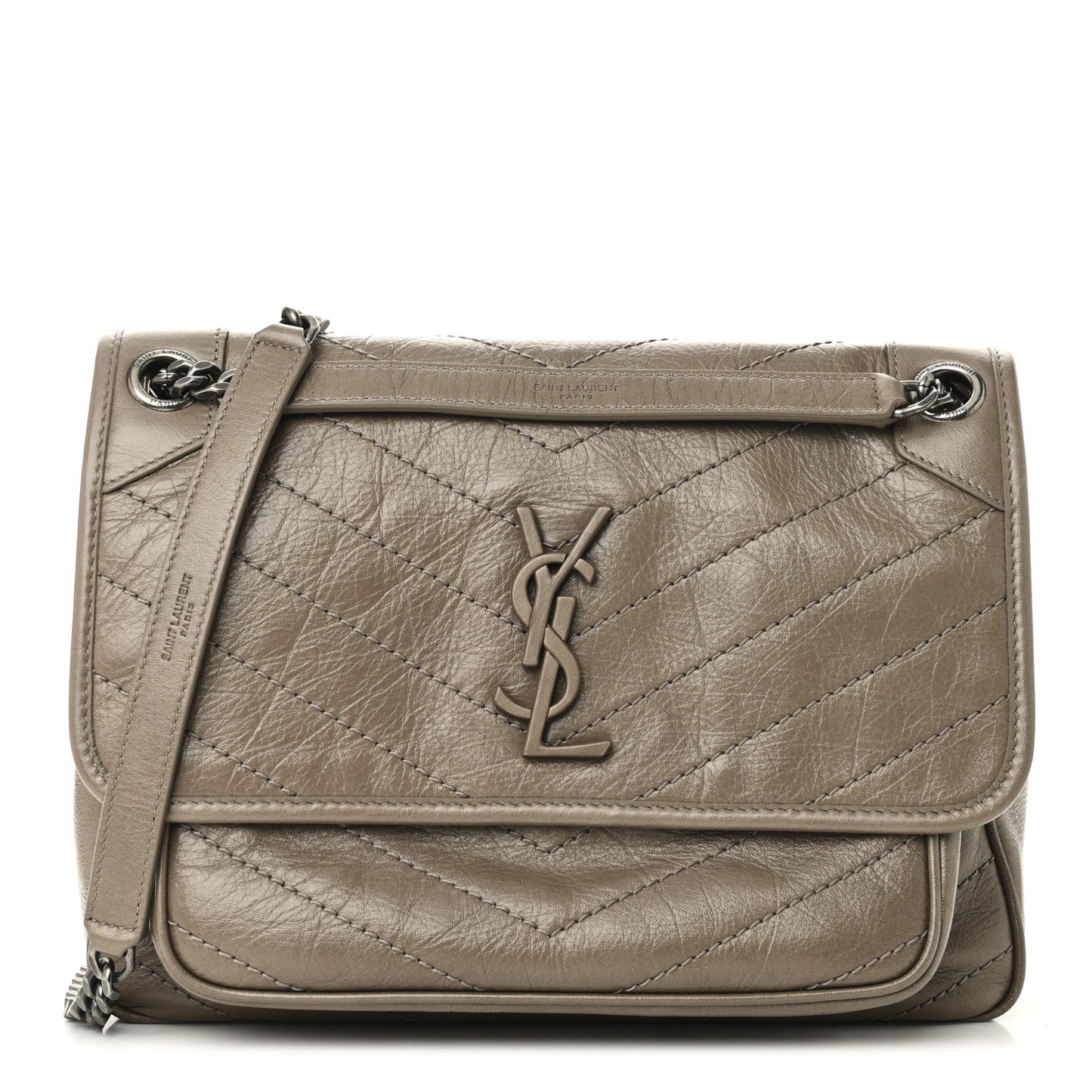 Crinkled Calfskin Matelasse Monogram Medium Niki Chain Satchel Greyish Brown