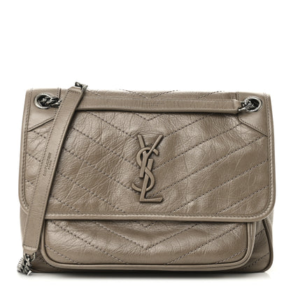 Saint Laurent Crinkled Calfskin Matelasse Monogram Medium Niki Chain Satchel Greyish Brown 1 of 10