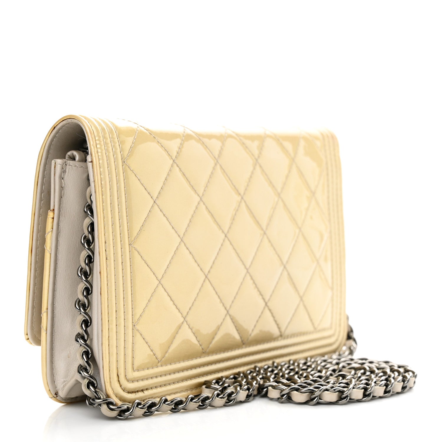 Chanel Iridescent Patent Calfskin Quilted Boy Wallet On Chain WOC Beige 3 of 15