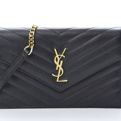 Saint Laurent Grain De Poudre Matelasse Chevron Monogram Envelope Chain Wallet Black 8 of 13
