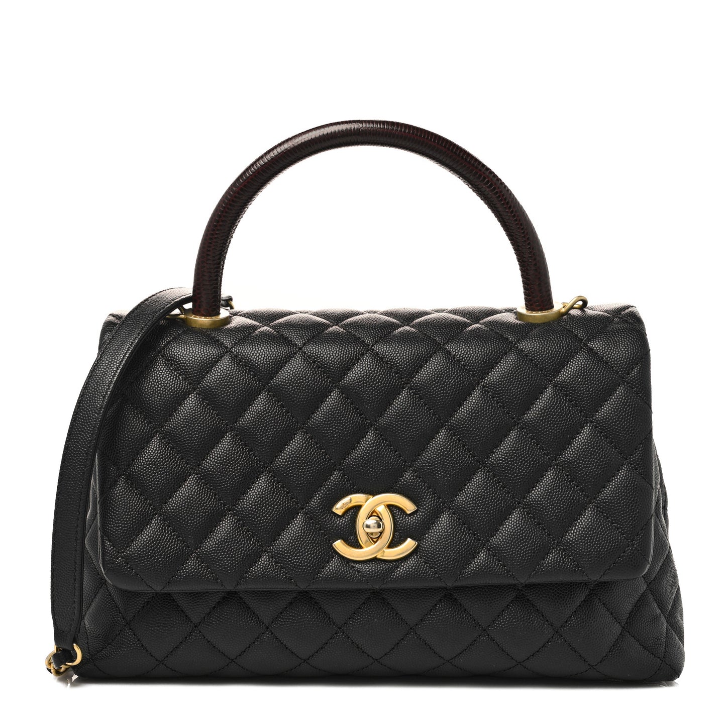 Caviar Lizard Embossed Quilted Small Coco Handle Flap Black