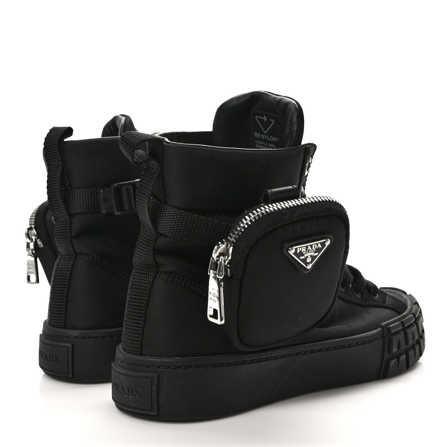 Re-Nylon Gabardine Metal Triangle Logo Wheel Pouch Pocket High Top Sneakers 37.5 Black