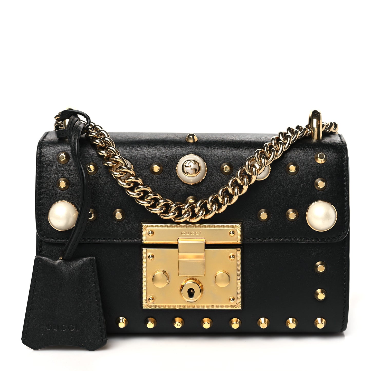 Calfskin Studded Small Padlock Shoulder Bag Black