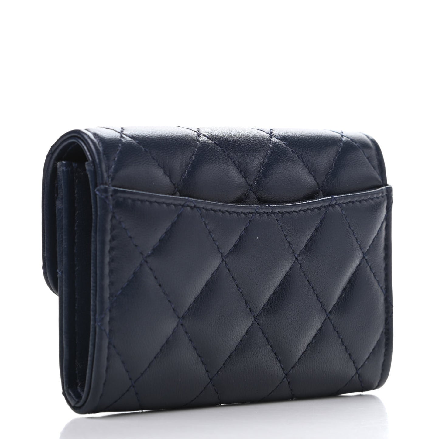 Lambskin Quilted Flap Card Holder Wallet Navy