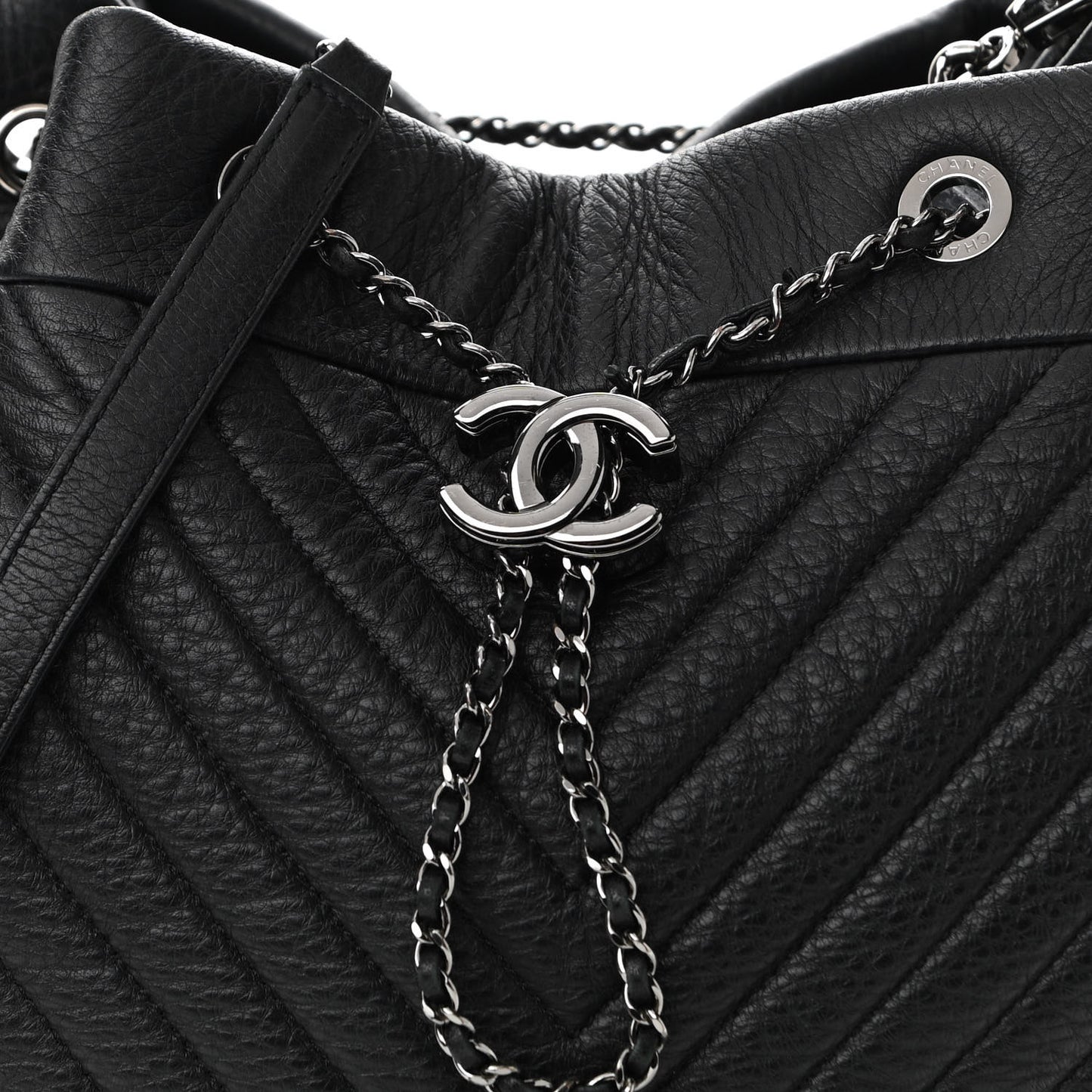 Deerskin Chevron Large CC Chain Bucket Drawstring Bag Black