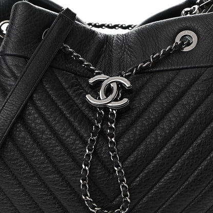 Chanel Deerskin Chevron Large CC Chain Bucket Drawstring Bag Black 8 of 13