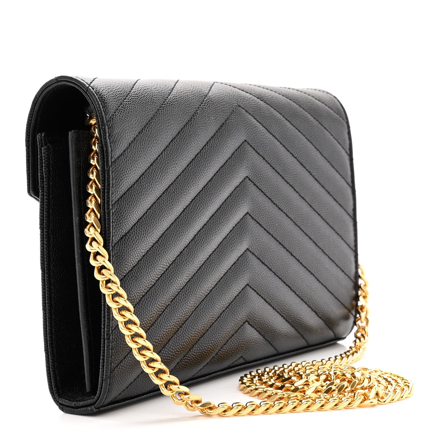 Saint Laurent Grain De Poudre Matelasse Chevron Monogram Chain Wallet Black 3 of 11