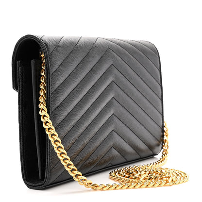 Saint Laurent Grain De Poudre Matelasse Chevron Monogram Chain Wallet Black 3 of 11