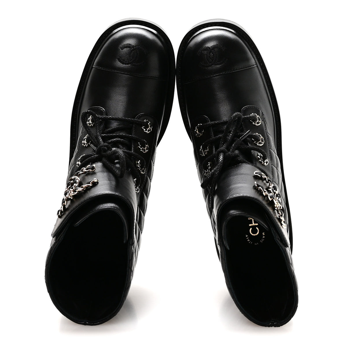 Chanel Shiny Lambskin Quilted Lace Up Combat Boots 38.5 Black 2 of 9