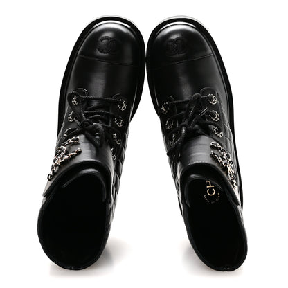 Chanel Shiny Lambskin Quilted Lace Up Combat Boots 38.5 Black 2 of 9