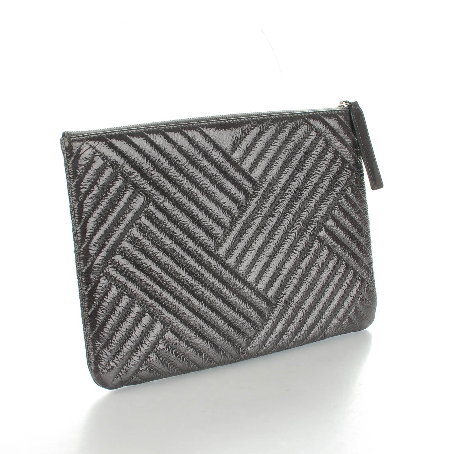 Chanel Distressed Patent Chevron Quilted Medium CC Crossing Cosmetic Case Grey 3 of 7