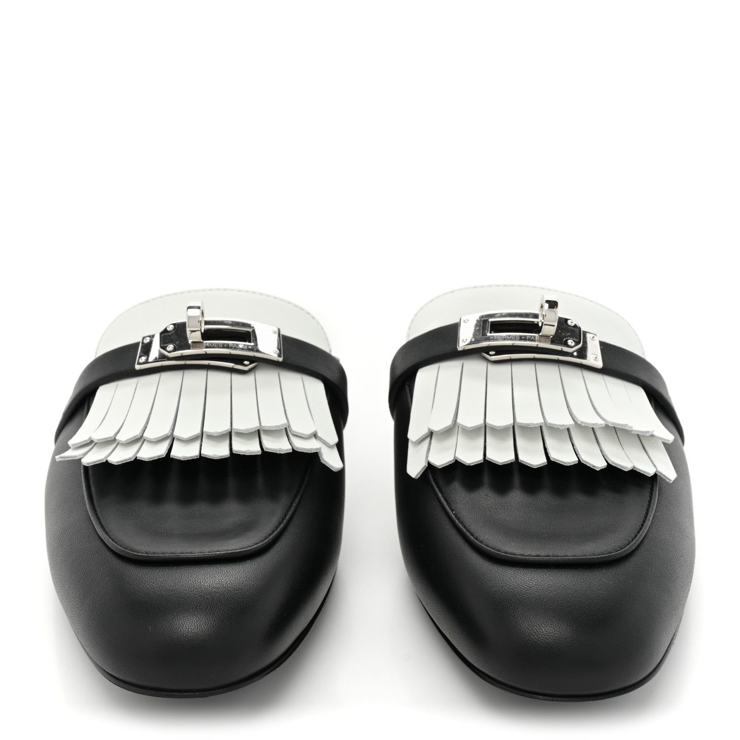 Hermes Calfskin Fringe Oz Mules 38 Black White 2 of 9