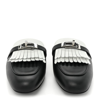 Hermes Calfskin Fringe Oz Mules 38 Black White 2 of 9
