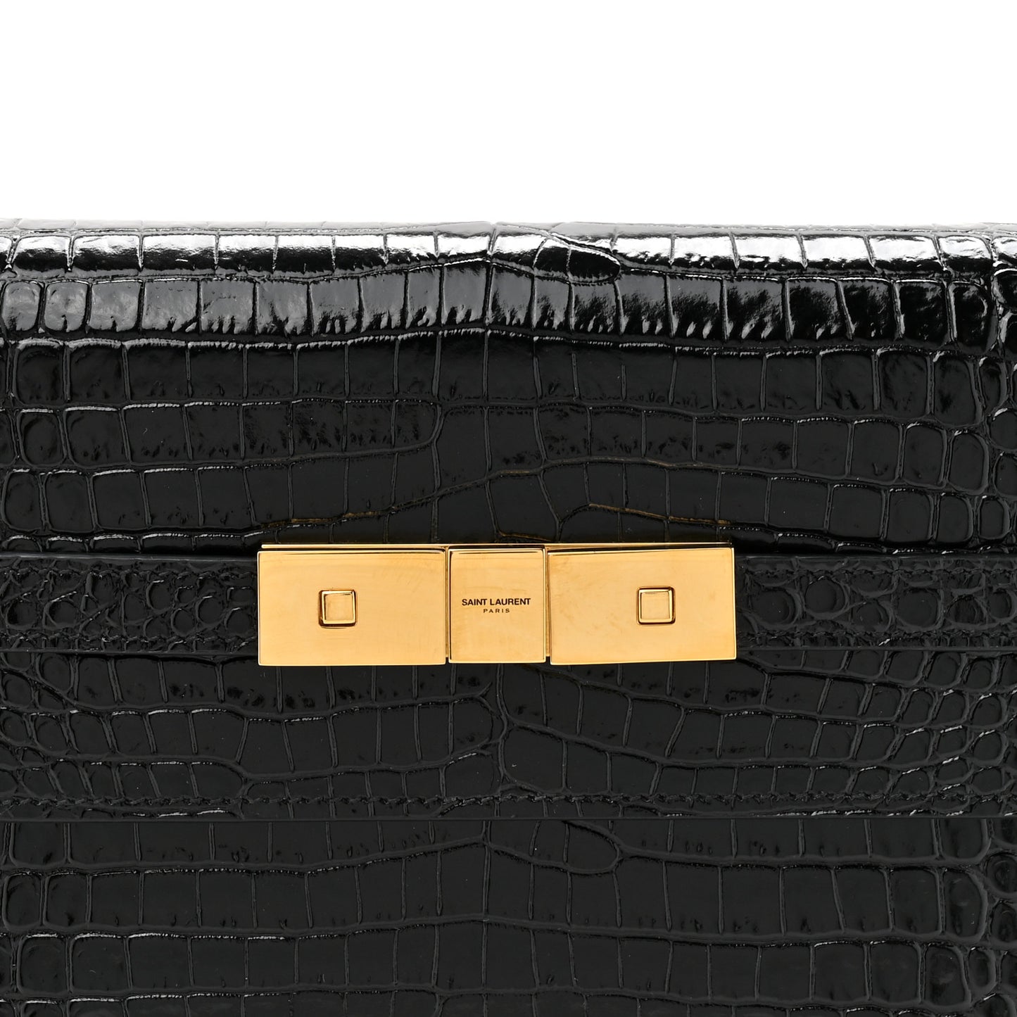 Shiny Calfskin Crocodile Embossed Small Manhattan Baguette Black