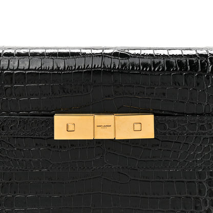 Saint Laurent Shiny Calfskin Crocodile Embossed Small Manhattan Baguette Black 8 of 12