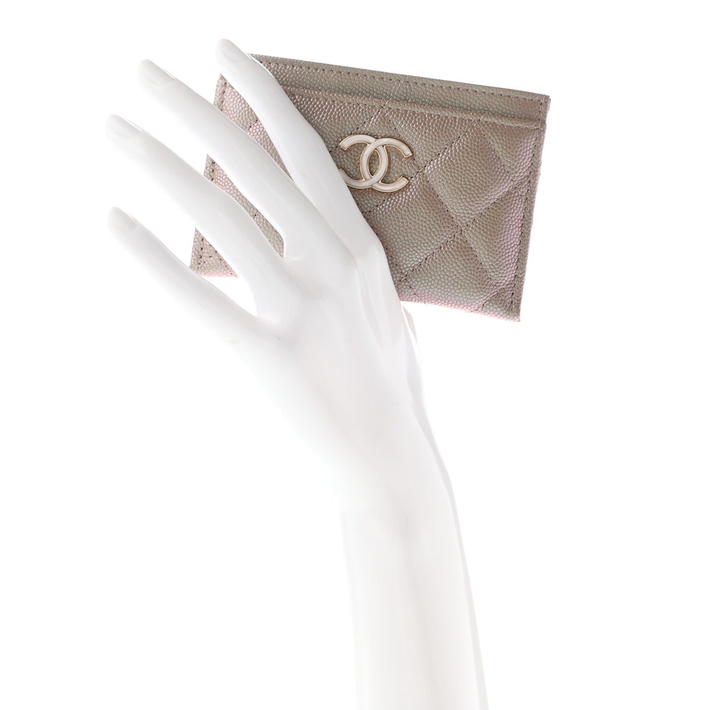 Iridescent Caviar Quilted Card Holder Beige