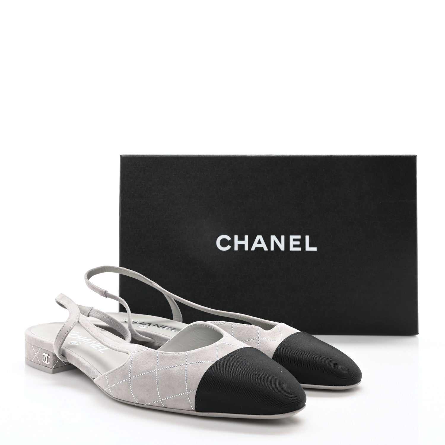 Chanel Suede Crystal Grosgrain Cap Toe CC Slingback Flats 40 Gray