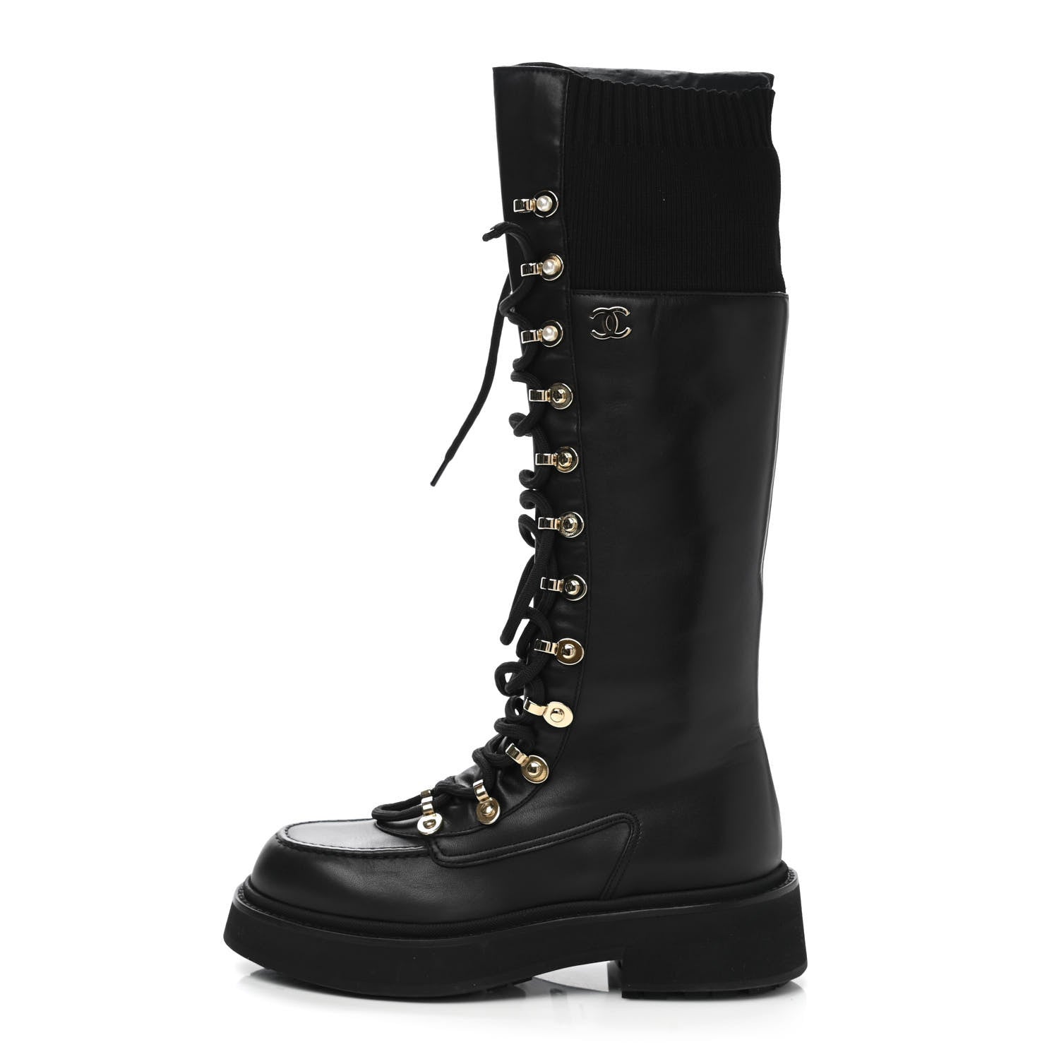 Chanel Calfskin Knit Lace Up Combat Boots 36 Black 1 of 7
