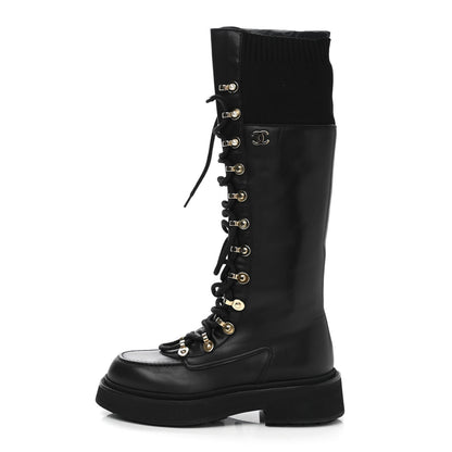 Chanel Calfskin Knit Lace Up Combat Boots 36 Black 1 of 7