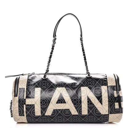 Chanel Coated Canvas Camellia Printed Calfskin Bowling Bag Black Beige 1 of 8