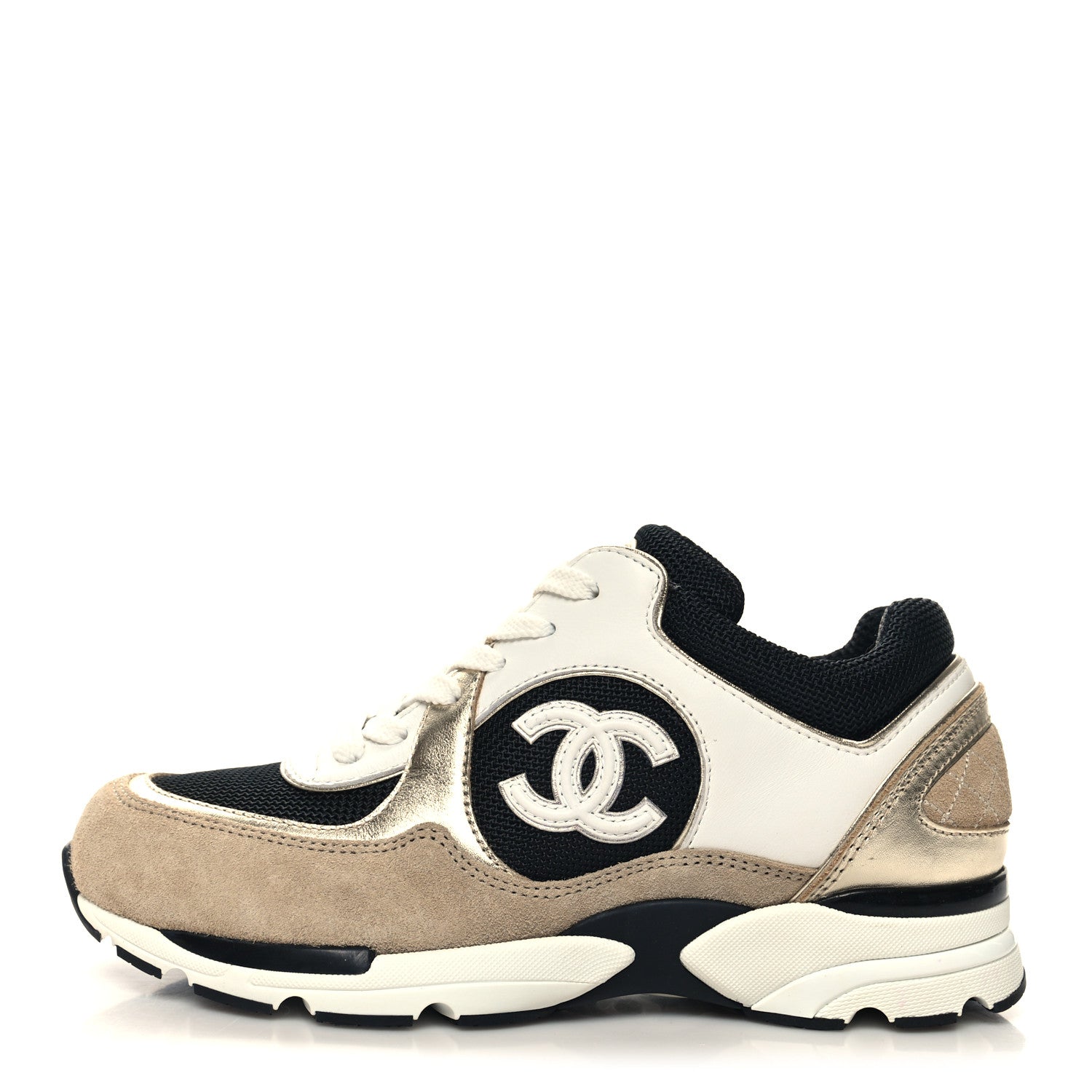 Chanel Mesh Suede Calfskin Womens CC Sneakers 35.5 White Black Beige Gold 1 of 9