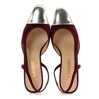Chanel Kid Suede Metallic Lambskin Cap Toe CC Slingback Pumps 37.5 Burgundy Gold 2 of 12