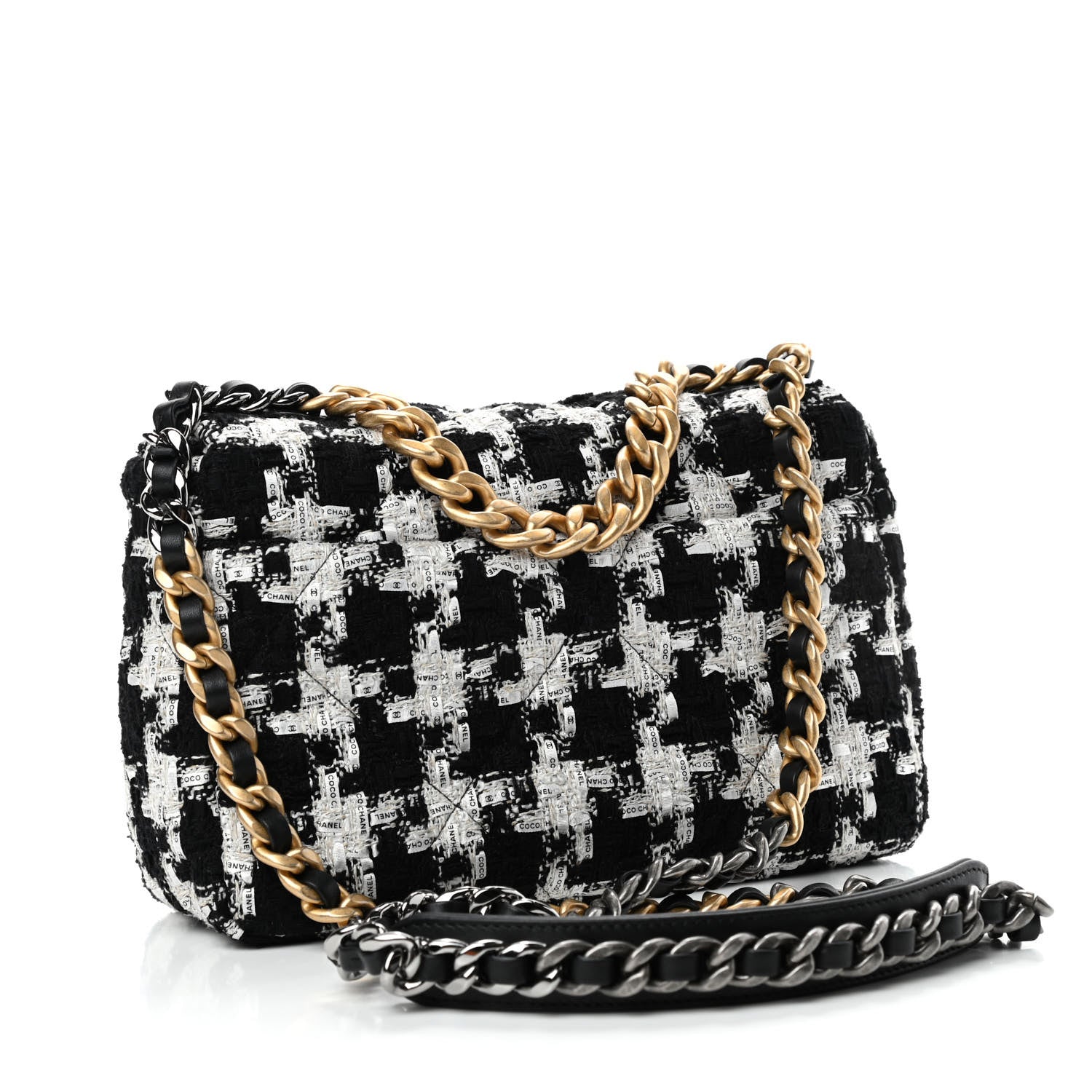 Chanel Tweed Quilted Medium Chanel 19 Flap Black Ecru White 2 of 4