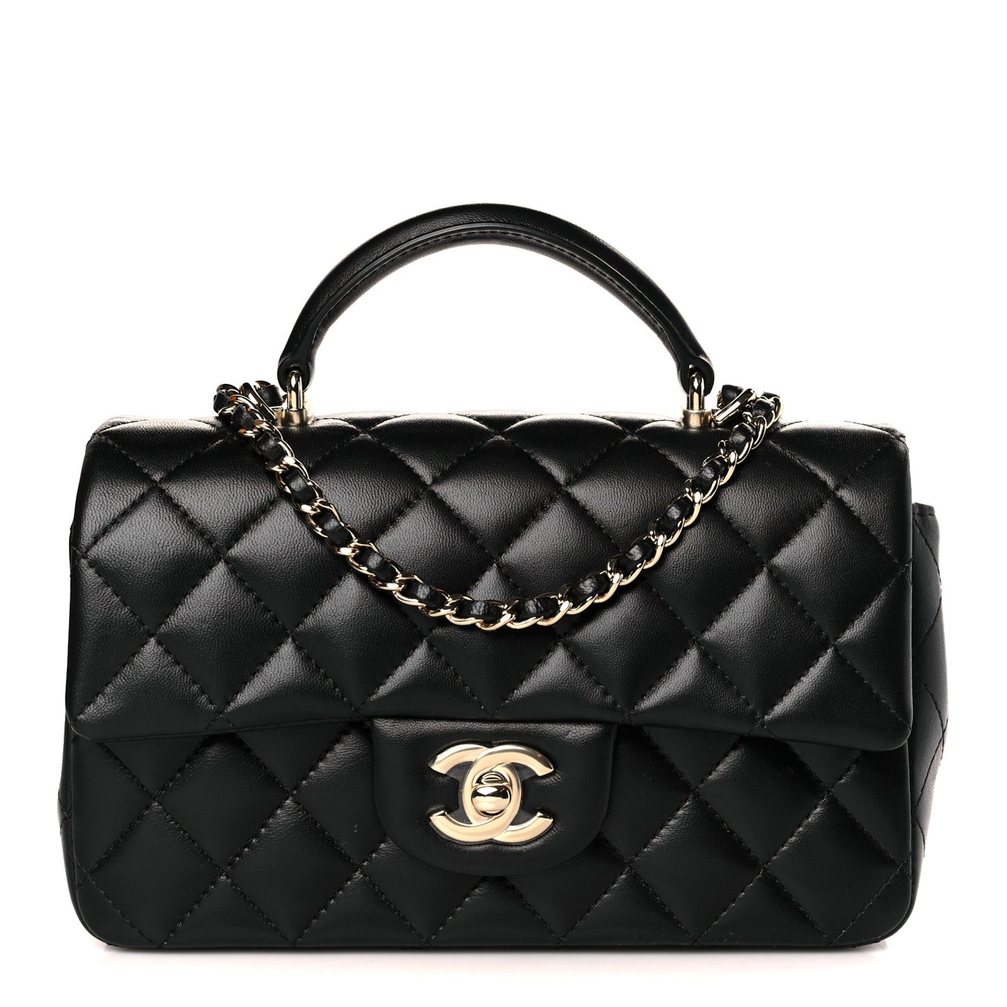 Lambskin Quilted Mini Top Handle Rectangular Flap Black