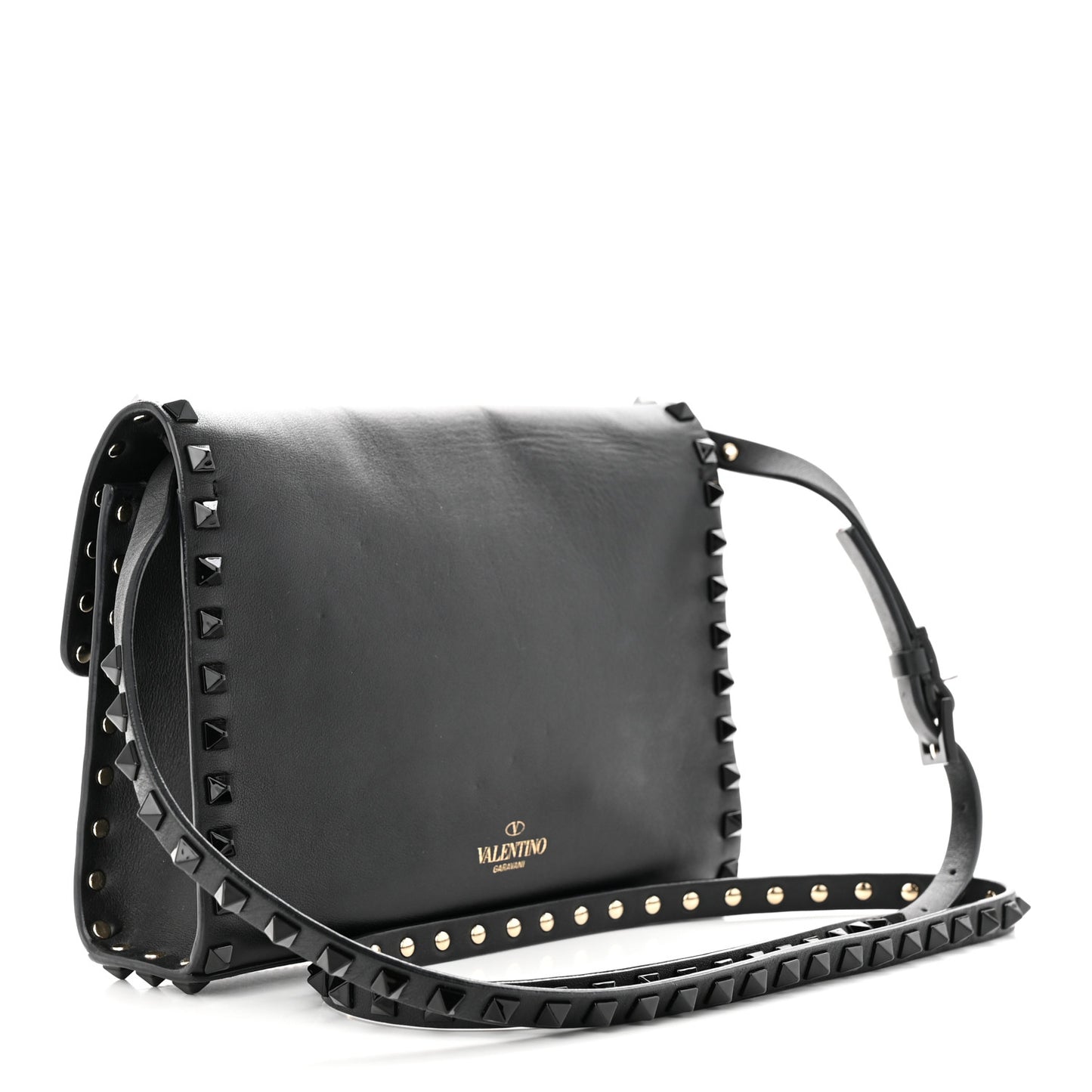 Vitello Monochrome Medium Rockstud Flip Lock Crossbody Bag Black
