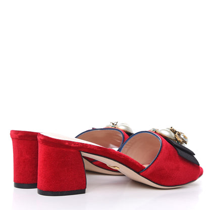 Gucci Velvet Etoile Pearl Embellished Mid Heel Slide Sandals 35 Black Hibiscus Red Blue Agata 5 of 9