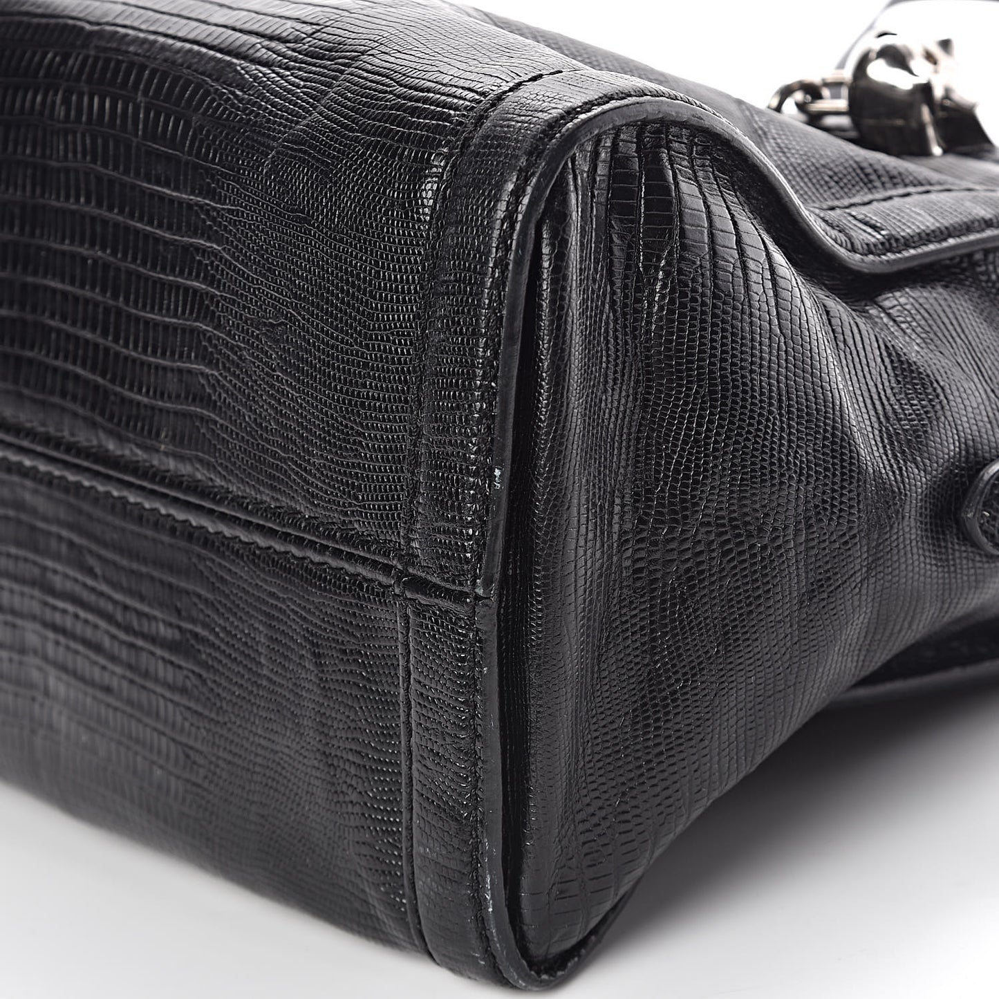 Calfskin Lizard Embossed Small Skull Padlock Zip Around Tote Black