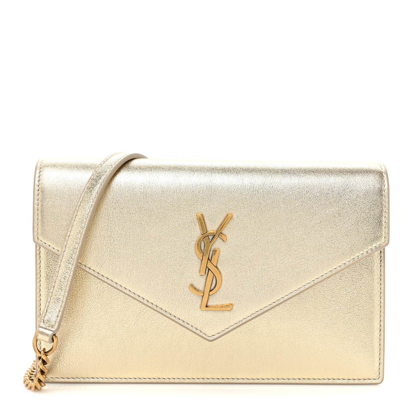 Metallic Calfskin Monogram Envelope Chain Wallet Gold
