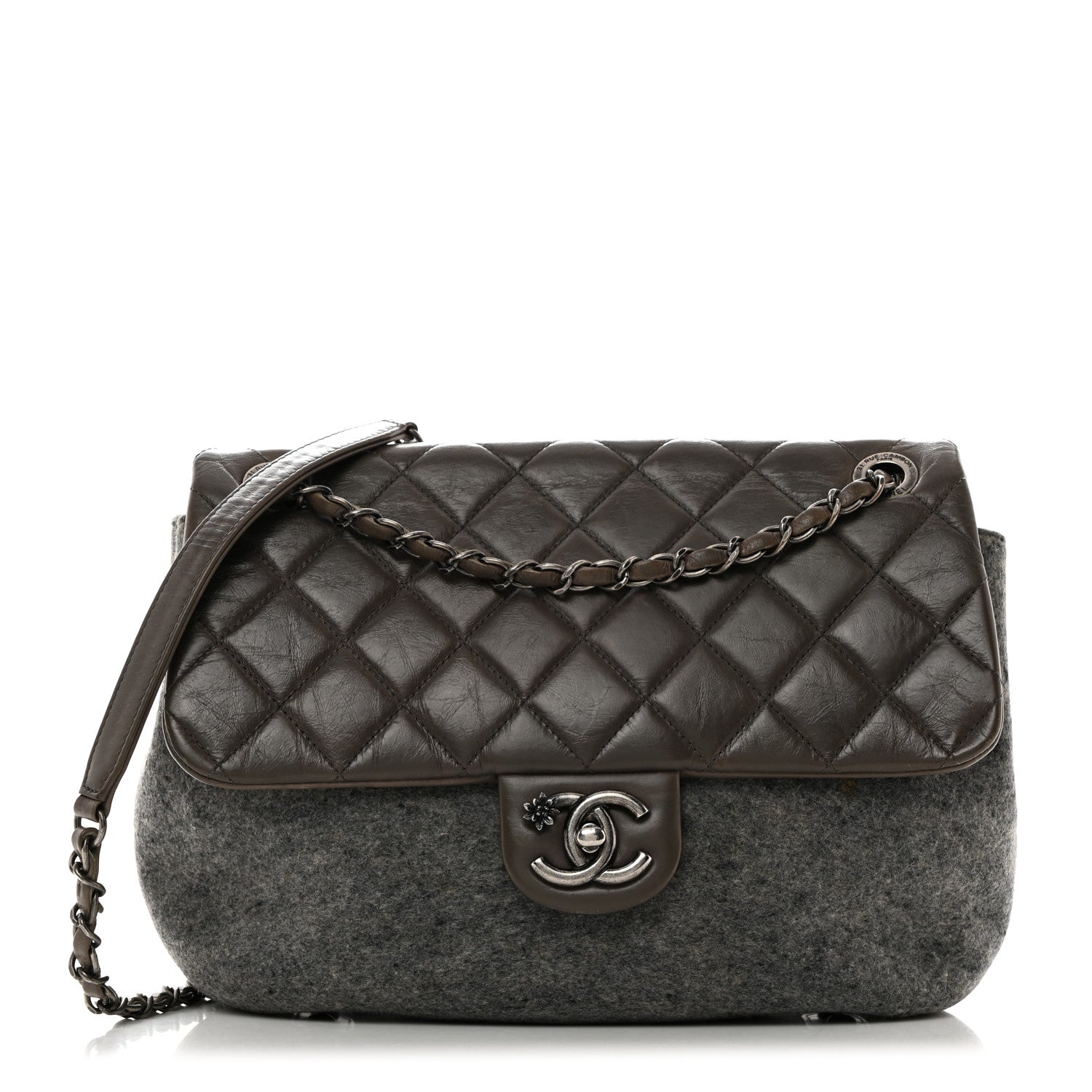 Chanel Felt Glazed Calfskin Quilted Edelweiss Flower Flap Grey 1 of 10