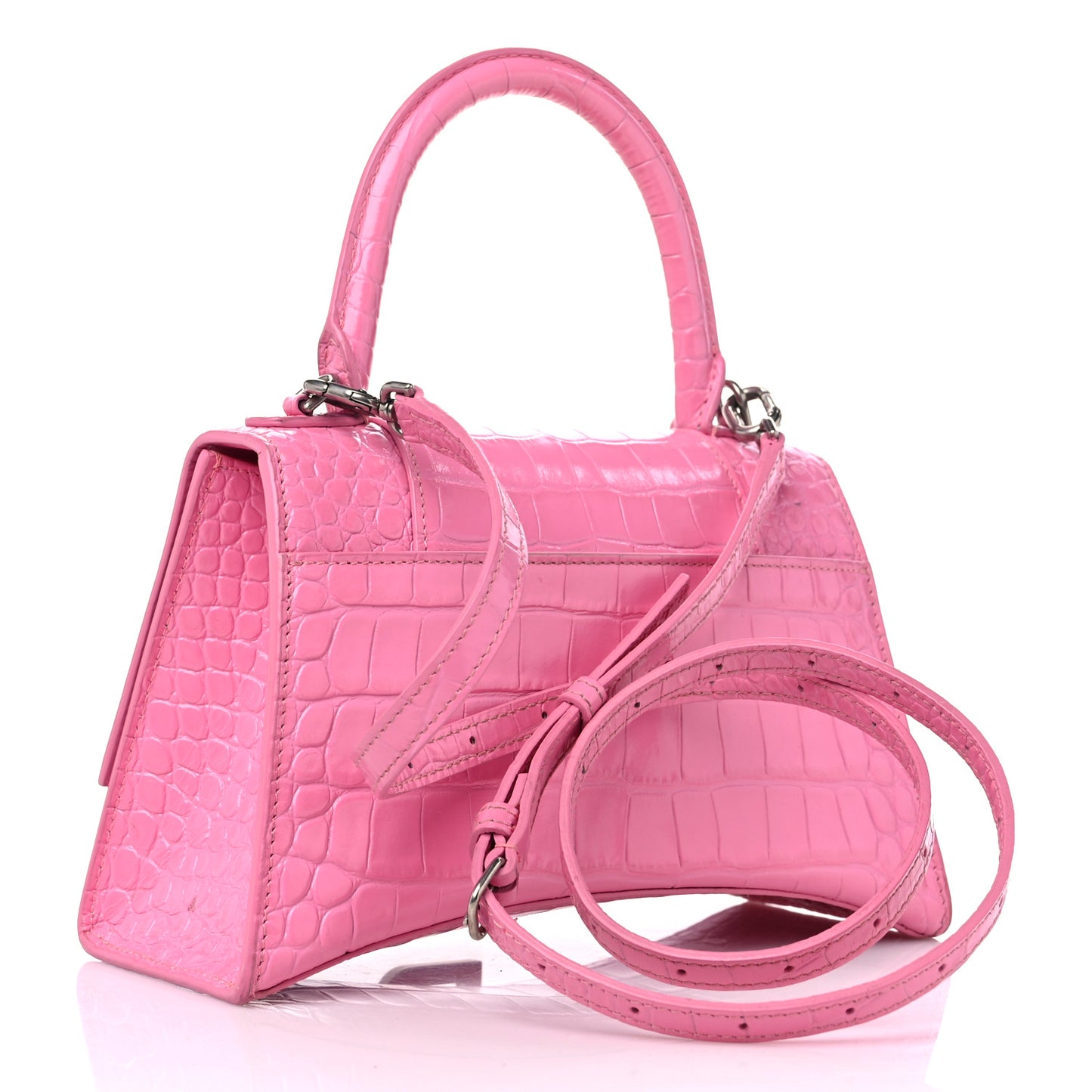 Shiny Calfskin Crocodile Embossed Small Hourglass Top Handle Bag Baby Pink