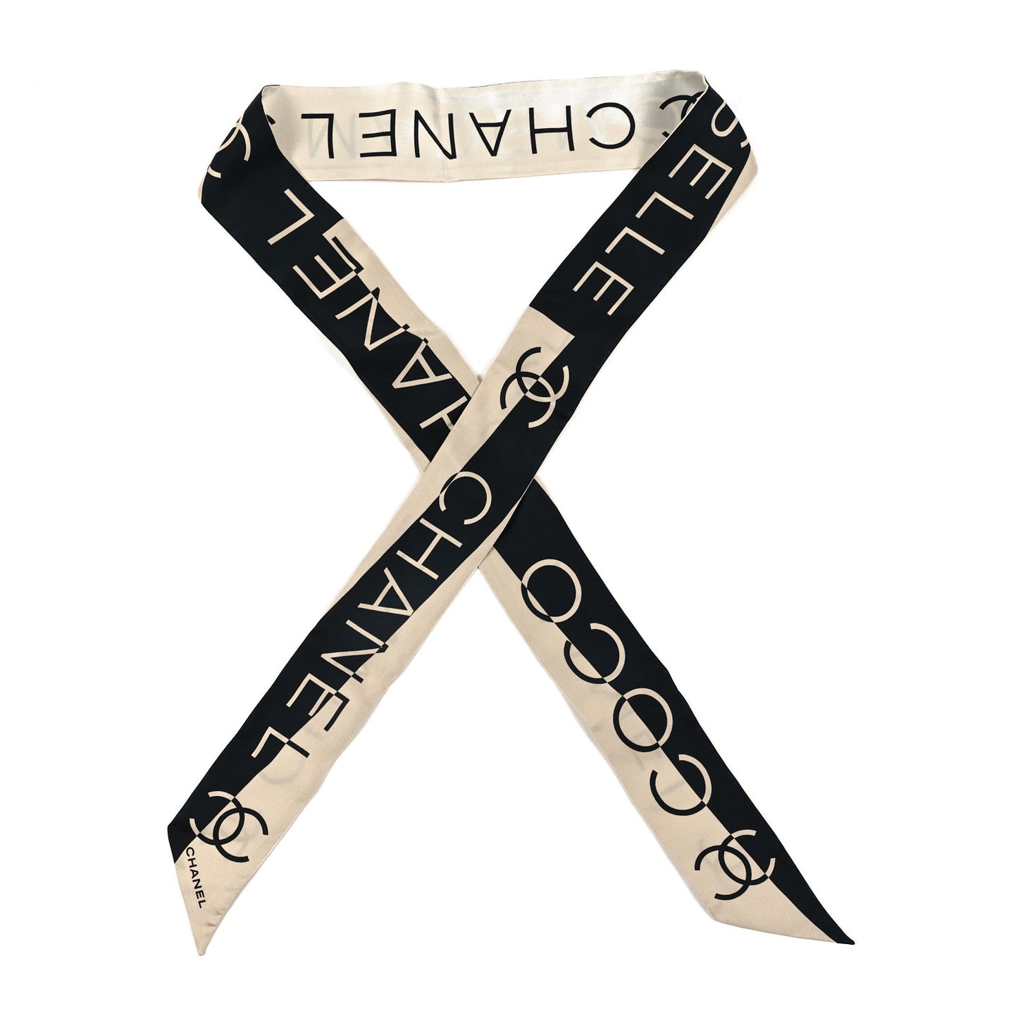 Silk Logo Slim Bandeau Scarf Black White Beige