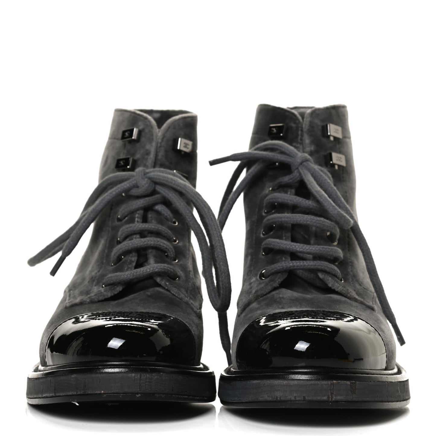 Velvet Patent Calfskin Lace Up Combat Boots 35.5 Grey Black