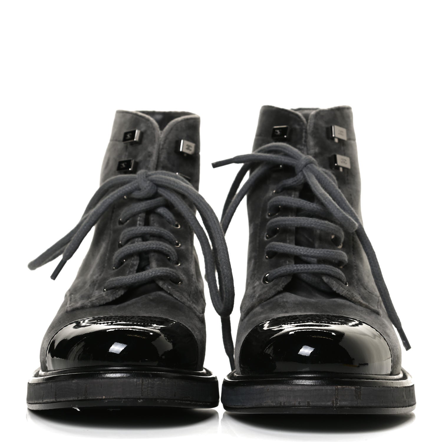 Chanel Velvet Patent Calfskin Lace Up Combat Boots 35.5 Grey Black 2 of 11