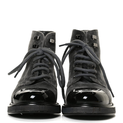 Chanel Velvet Patent Calfskin Lace Up Combat Boots 35.5 Grey Black 2 of 11