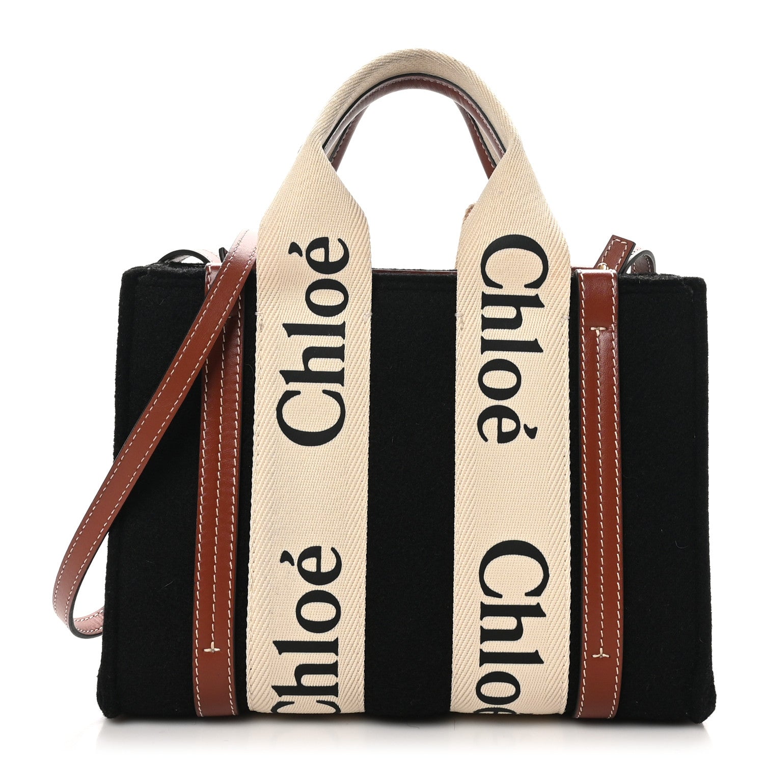 Chloe Felt Calfskin Small Woody Ribbon Tote With Strap Black 1 of 9